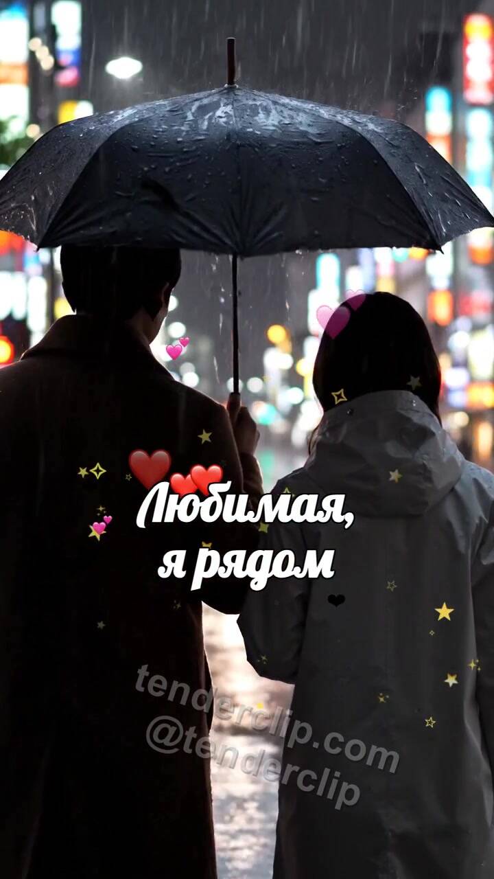 Анимационная открытка на тему Любимая, я рядом: мужчина закрывает женщину от дождя