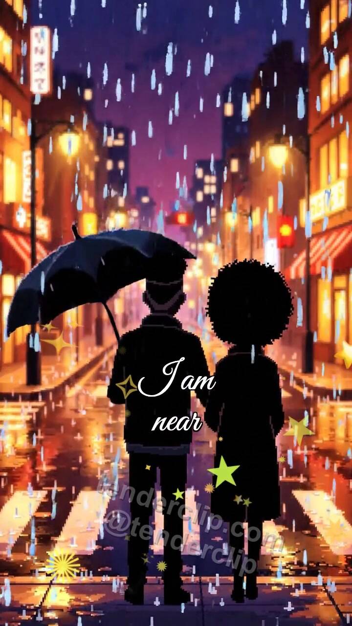 Animated greeting card about I am near: man shields a woman from rain