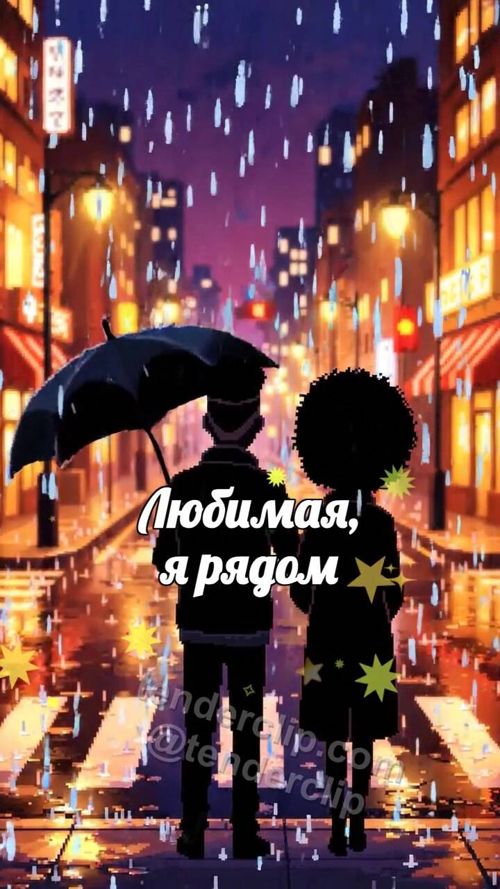 Анимационная открытка на тему Любимая, я рядом: мужчина закрывает женщину от дождя
