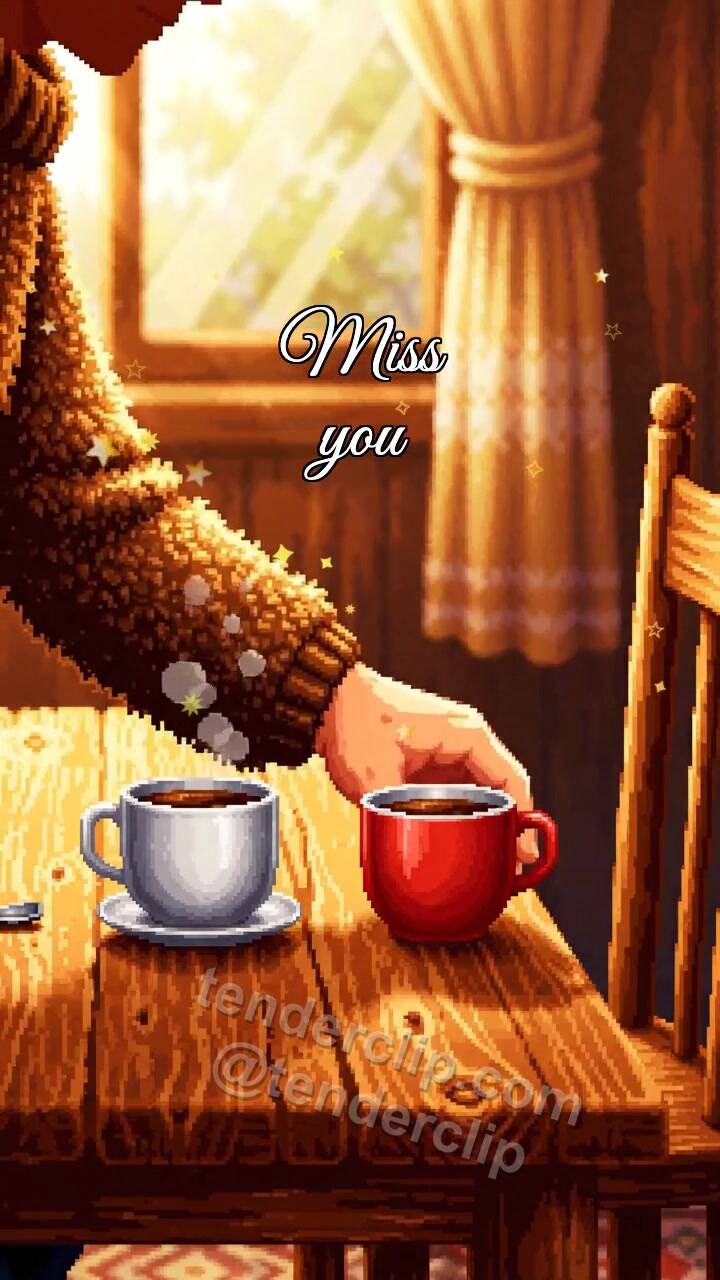 Animated greeting card about Miss you: second cup waits on the table
