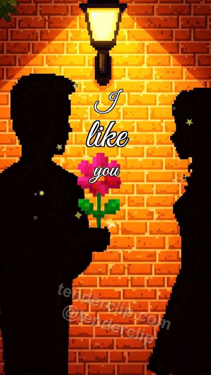 Animated greeting card about I like you: a man shadow gives a flower to a woman
