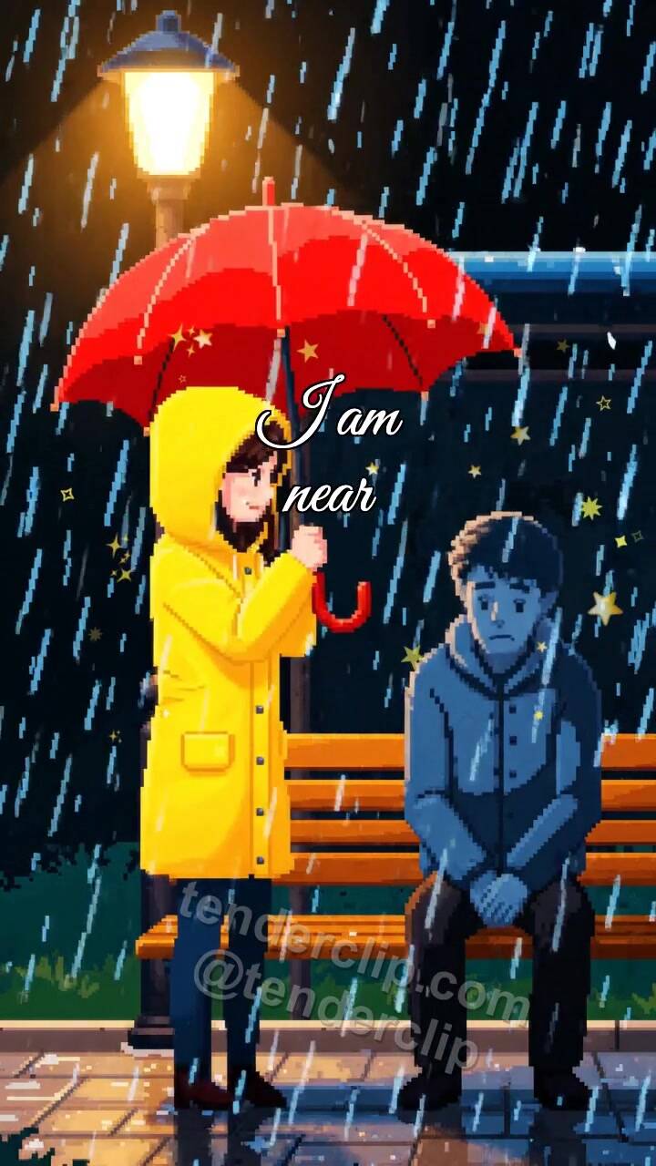 Animated greeting card about I am near: woman shields a man from rain