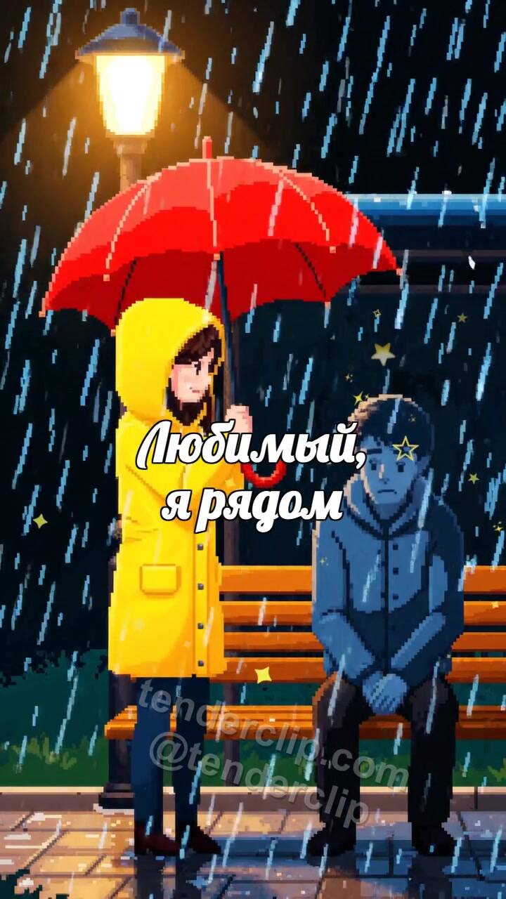 Анимационная открытка на тему Любимый, я рядом: женщина закрывает мужчину от дождя