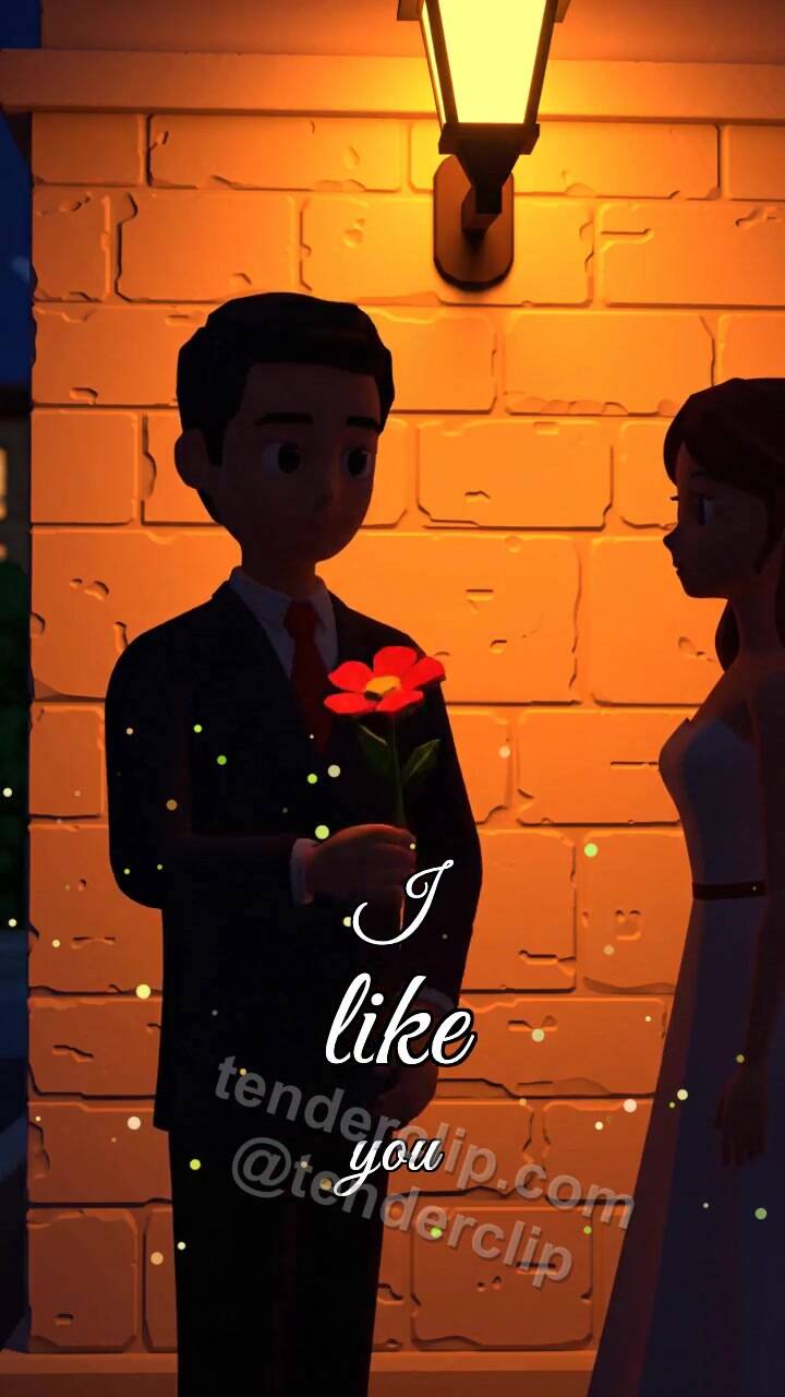Animated greeting card about I like you: a man shadow gives a flower to a woman