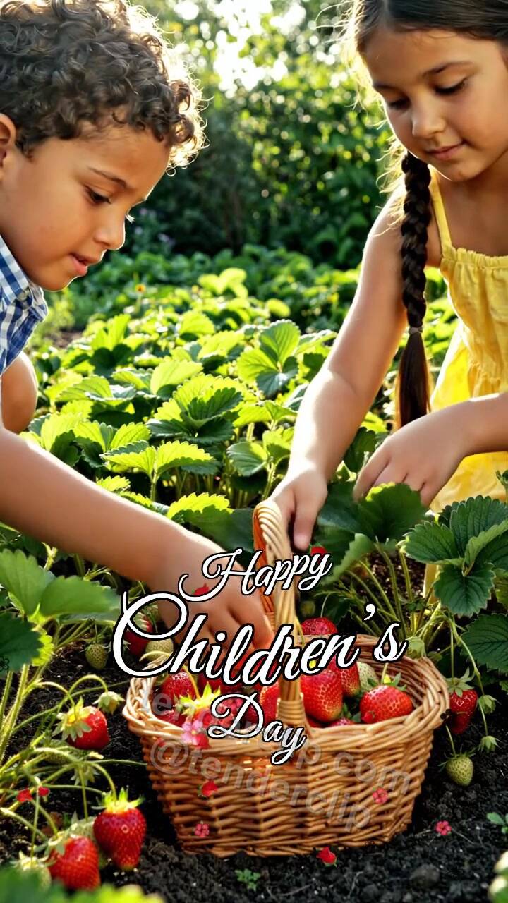 Animated greeting card about Happy Children’s Day: children pick strawberries
