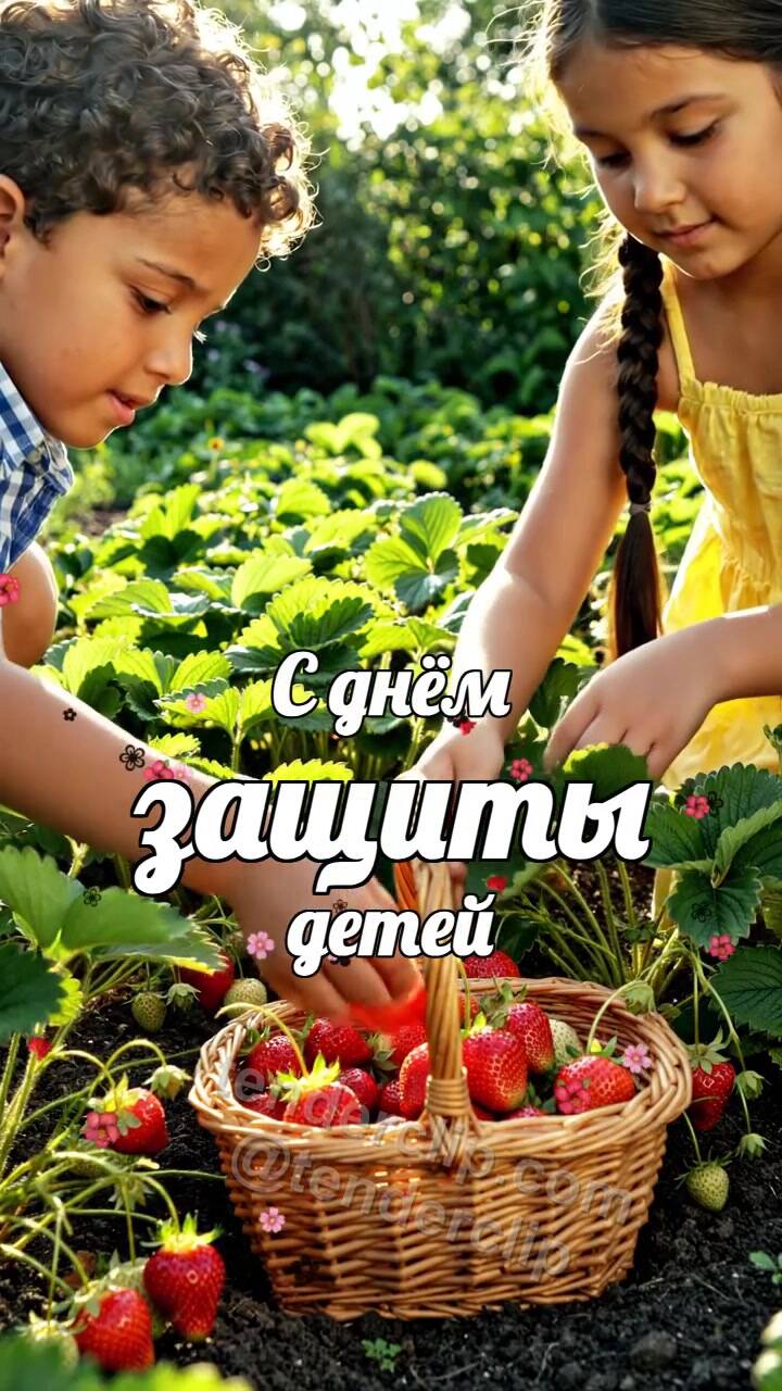Анимационная открытка на тему С днём защиты детей: дети собирают клубнику