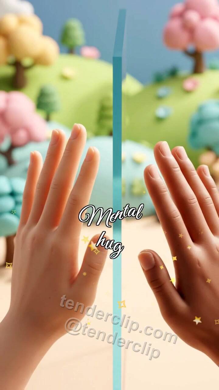 Animated greeting card about Mental hug: palms meet through glass