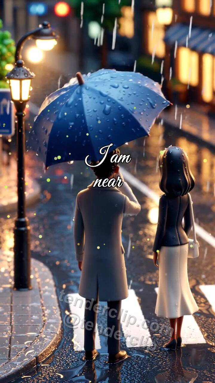 Animated greeting card about I am near: man shields a woman from rain