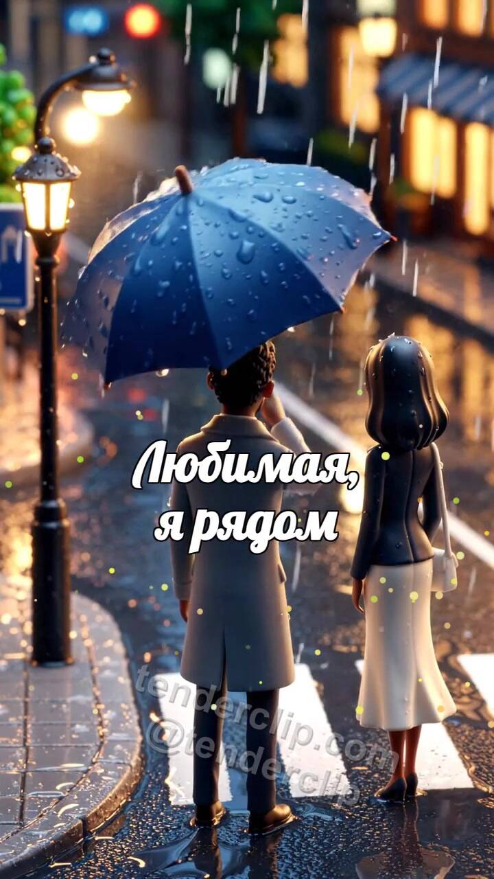Анимационная открытка на тему Любимая, я рядом: мужчина закрывает женщину от дождя