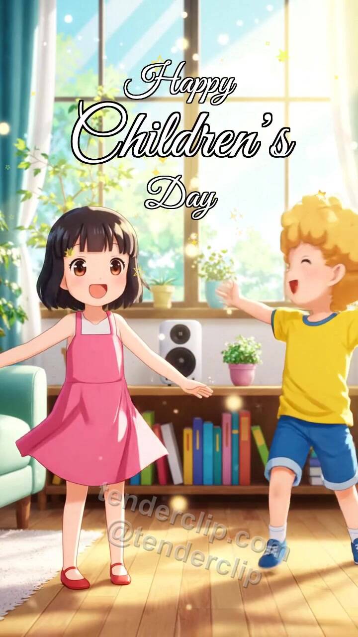Animated greeting card about Happy Children’s Day: children dance in a room