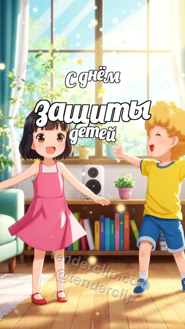 Анимационная открытка на тему С днём защиты детей: дети танцуют в комнате