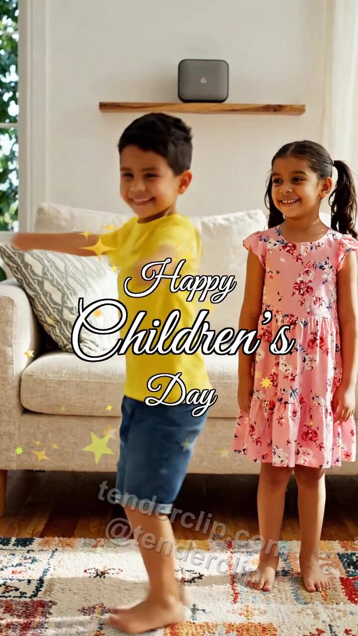 Animated greeting card about Happy Children’s Day: children dance in a room