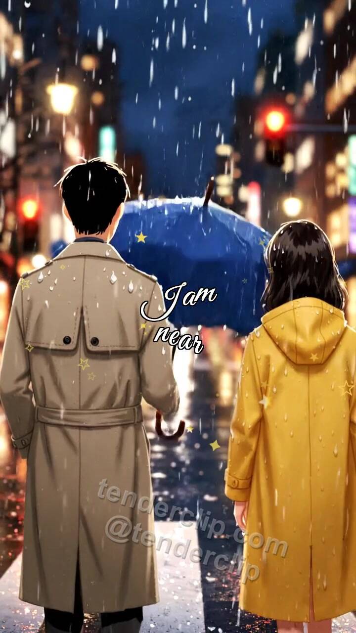 Animated greeting card about I am near: man shields a woman from rain