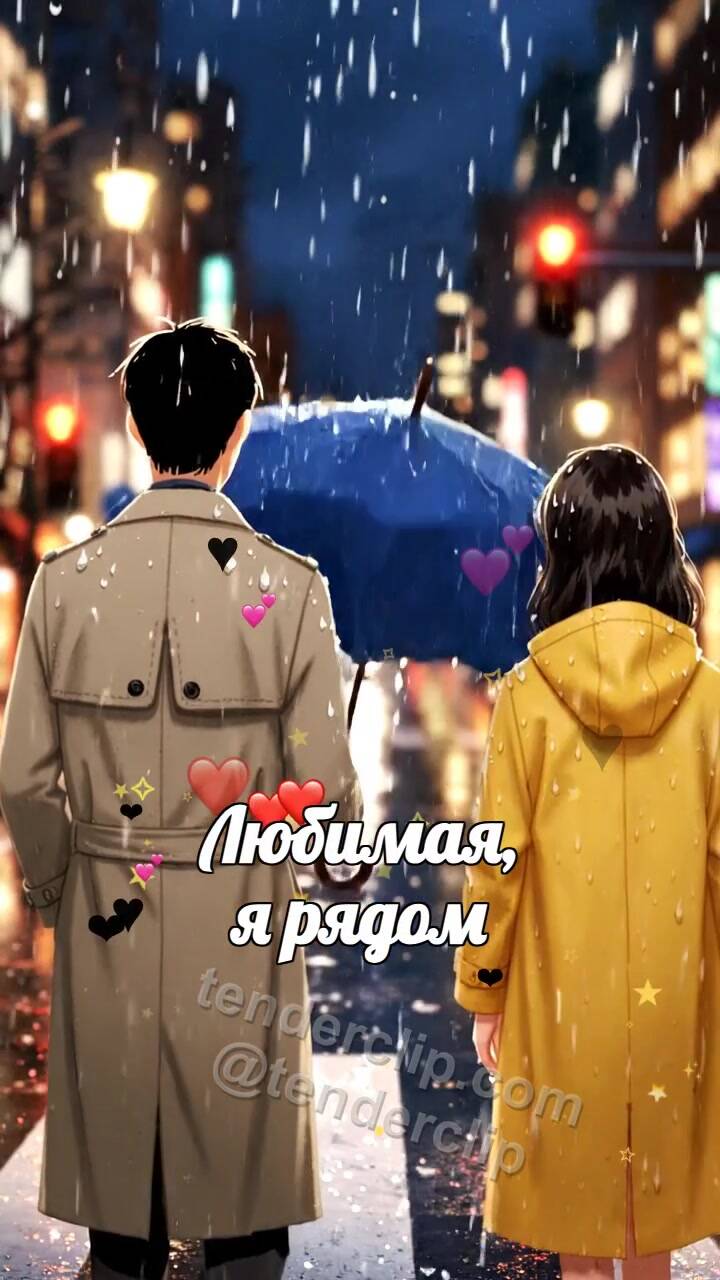 Анимационная открытка на тему Любимая, я рядом: мужчина закрывает женщину от дождя