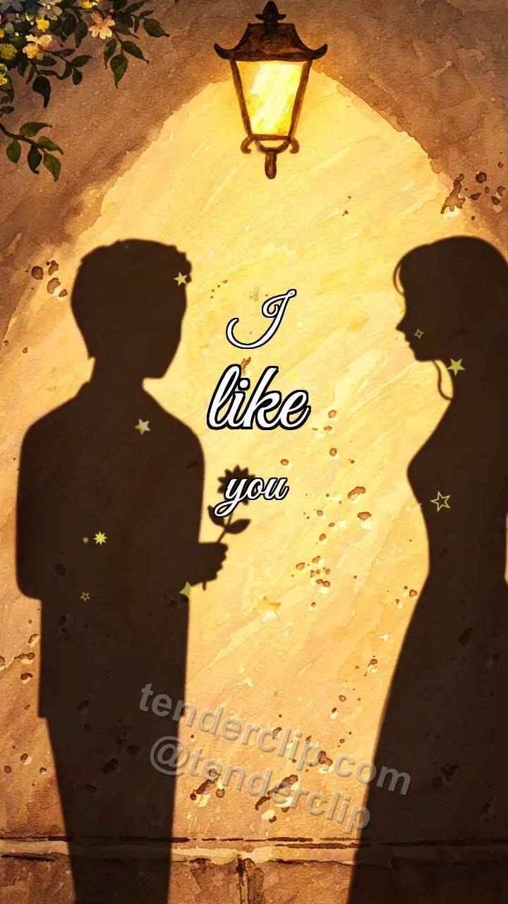 Animated greeting card about I like you: a man shadow gives a flower to a woman