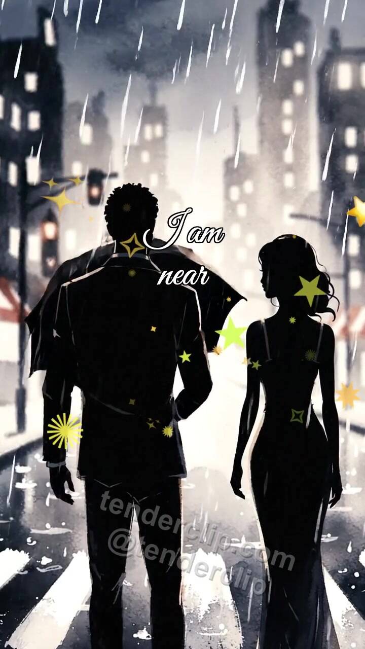 Animated greeting card about I am near: man shields a woman from rain