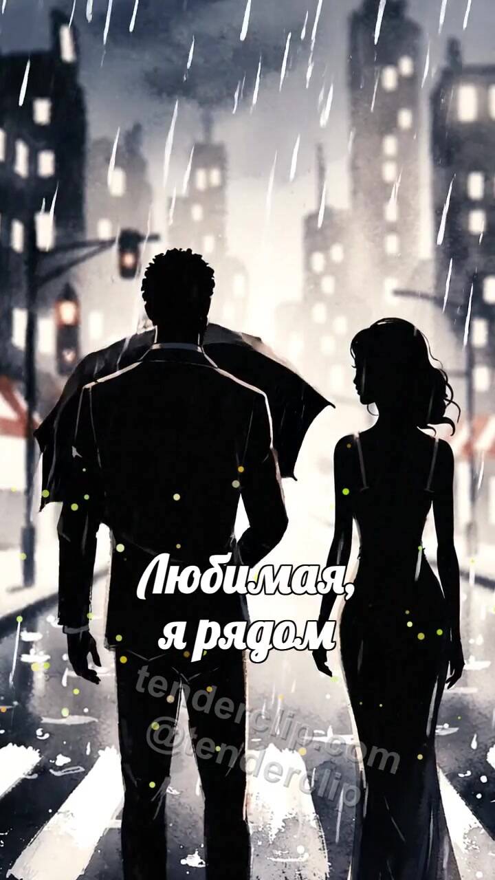 Анимационная открытка на тему Любимая, я рядом: мужчина закрывает женщину от дождя