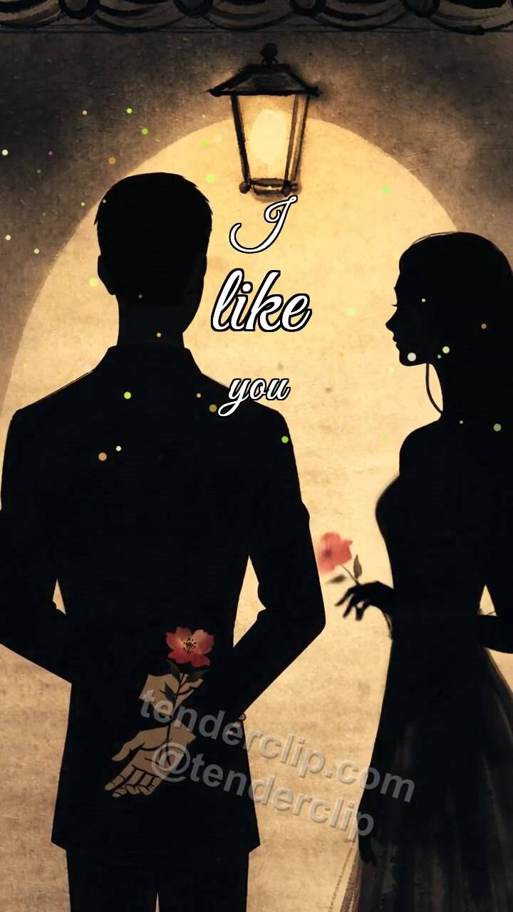 Animated greeting card about I like you: a man shadow gives a flower to a woman
