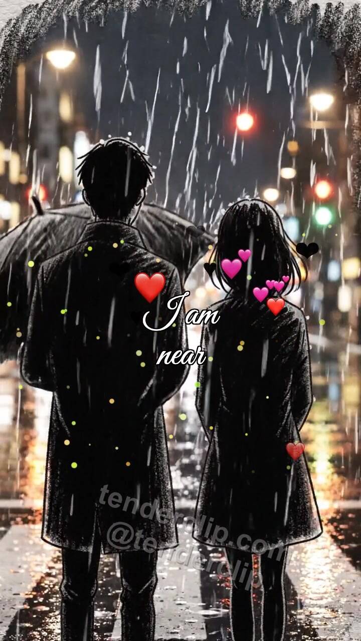 Animated greeting card about I am near: man shields a woman from rain