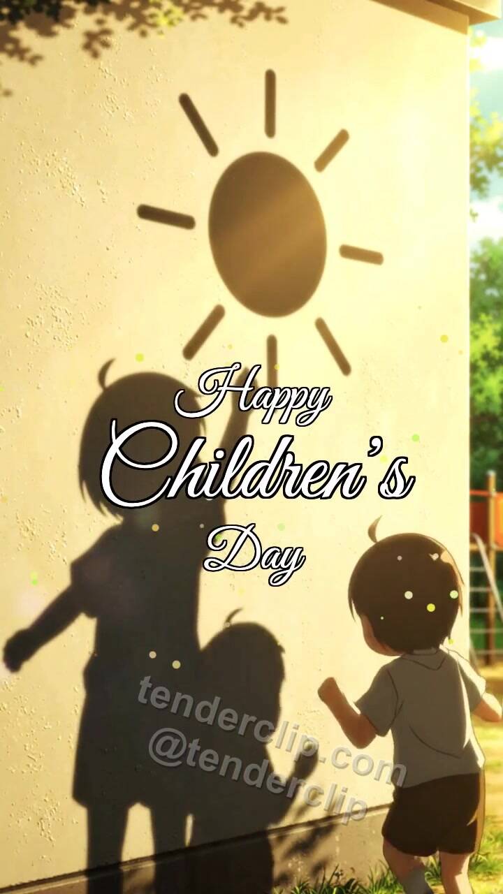 Animated greeting card about Happy Children’s Day: children shadows draw on a wall