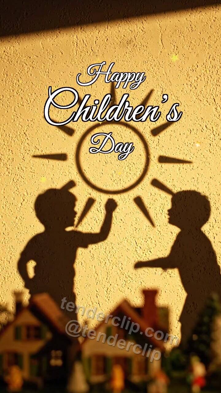 Animated greeting card about Happy Children’s Day: children shadows draw on a wall
