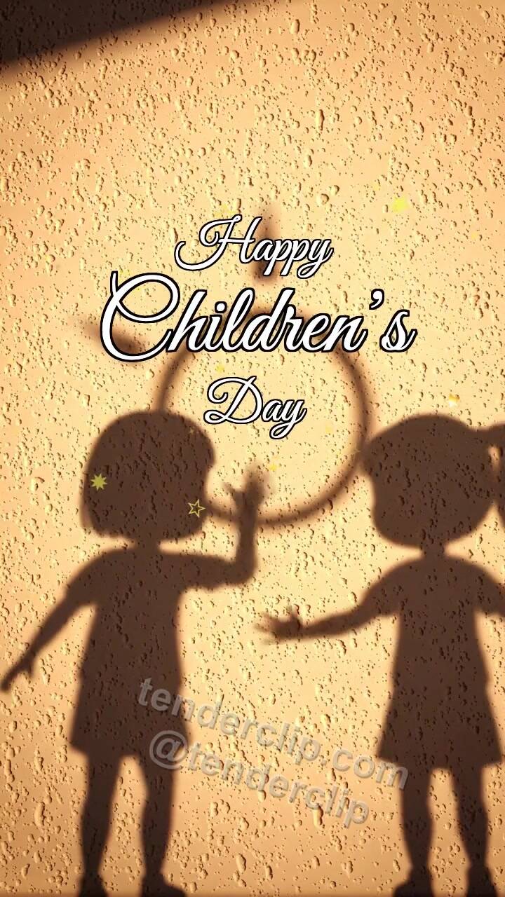 Animated greeting card about Happy Children’s Day: children shadows draw on a wall