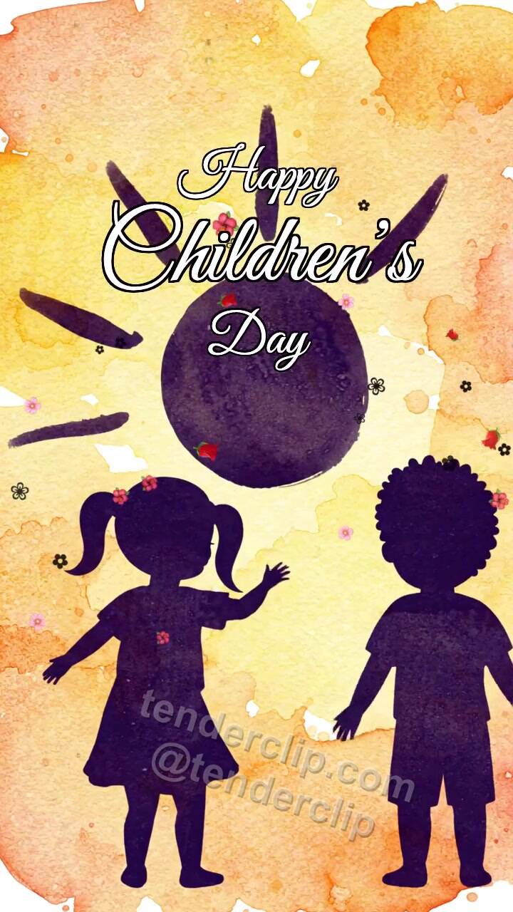 Animated greeting card about Happy Children’s Day: children shadows draw on a wall