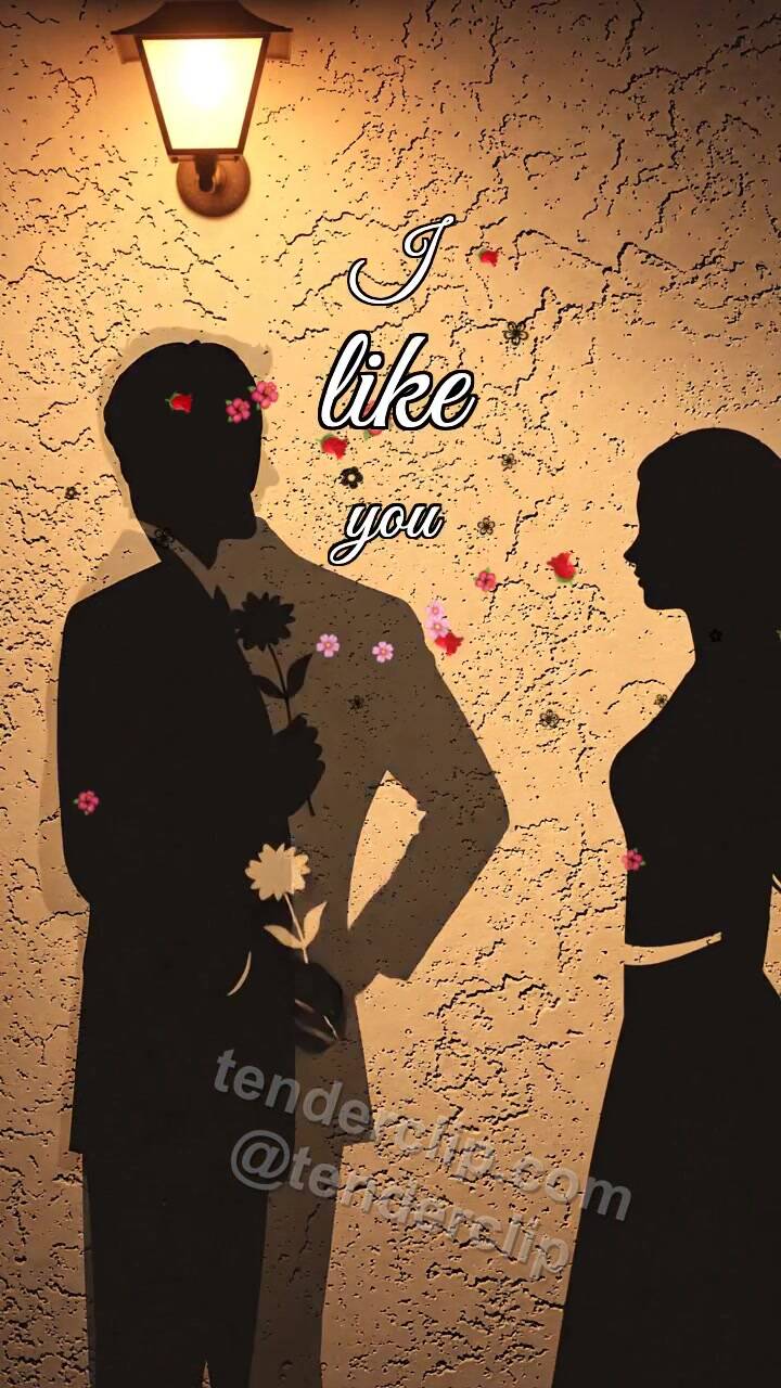 Animated greeting card about I like you: a man shadow gives a flower to a woman