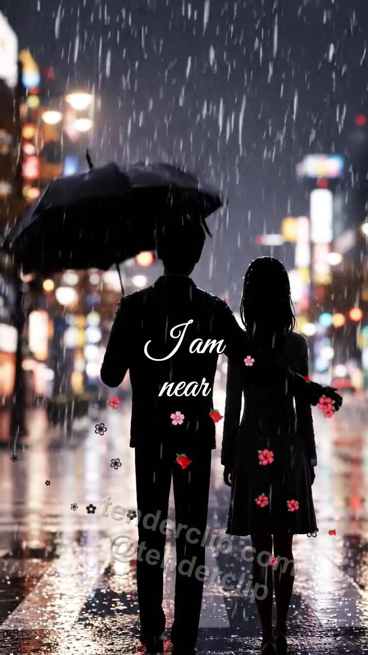 Animated greeting card about I am near: man shields a woman from rain