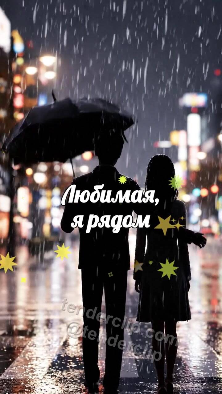 Анимационная открытка на тему Любимая, я рядом: мужчина закрывает женщину от дождя