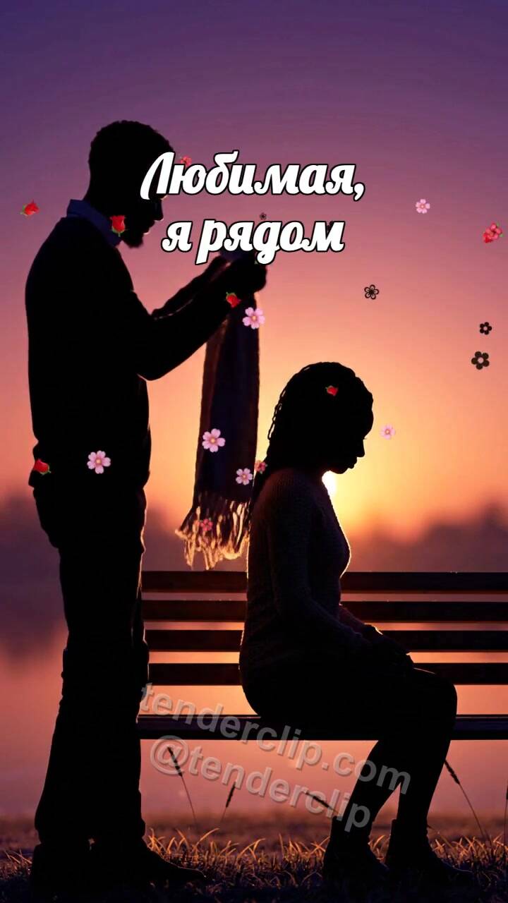 Анимационная открытка на тему Любимая, я рядом: мужчина укрывает плечи шарфом