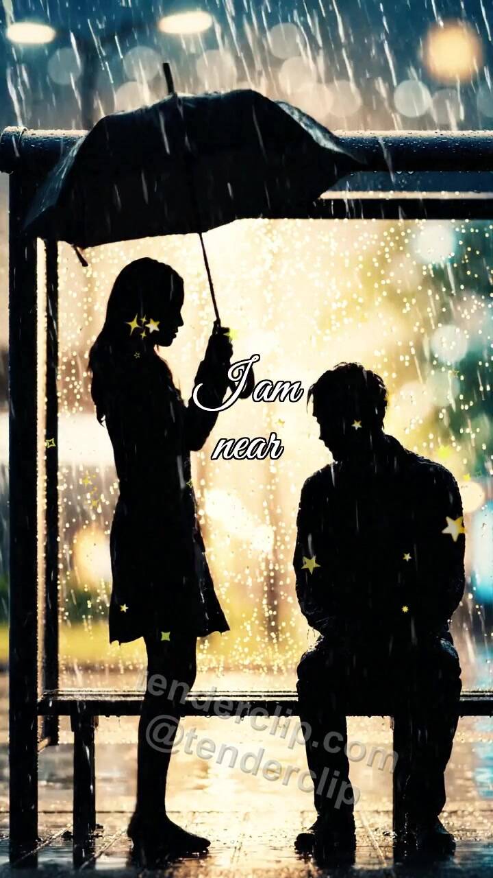 Animated greeting card about I am near: woman shields a man from rain