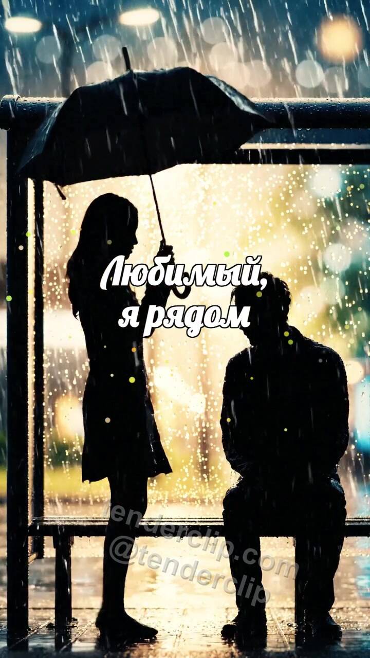 Анимационная открытка на тему Любимый, я рядом: женщина закрывает мужчину от дождя