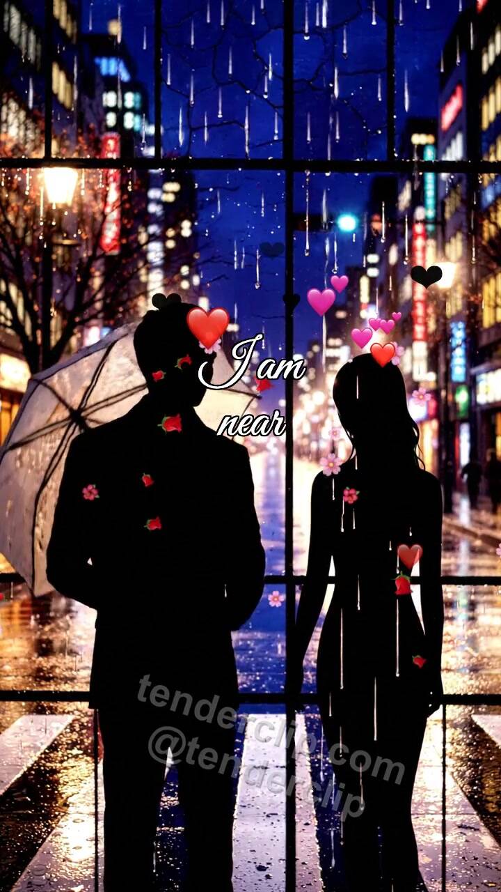 Animated greeting card about I am near: man shields a woman from rain