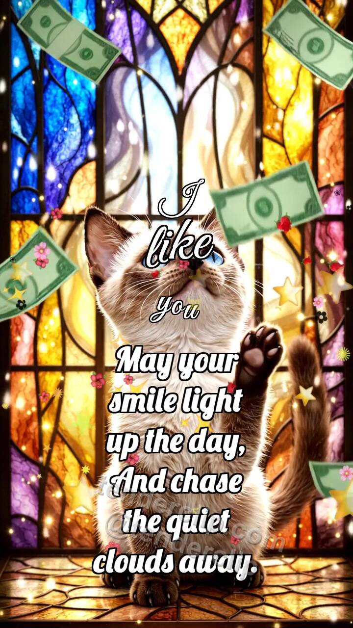 Animated greeting card about I like you: Kitten Under Money Rain