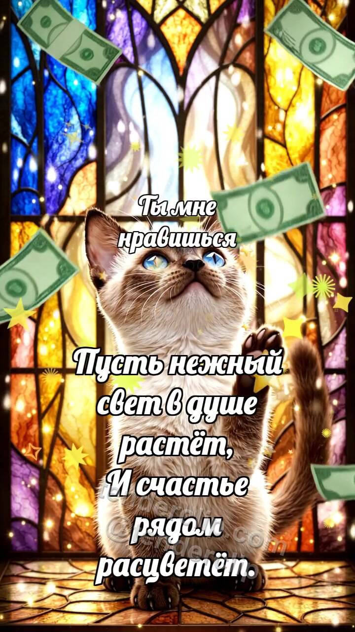 Анимационная открытка на тему Ты мне нравишься: Котёнок под дождём денег