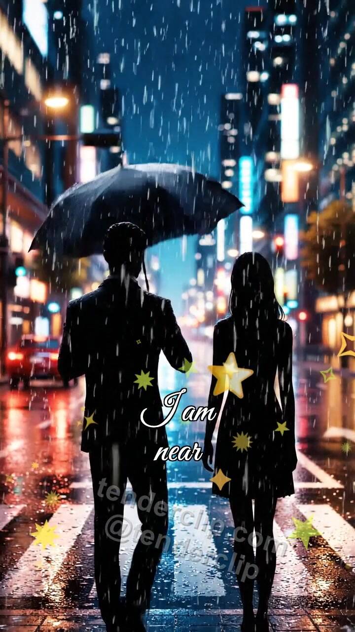 Animated greeting card about I am near: man shields a woman from rain