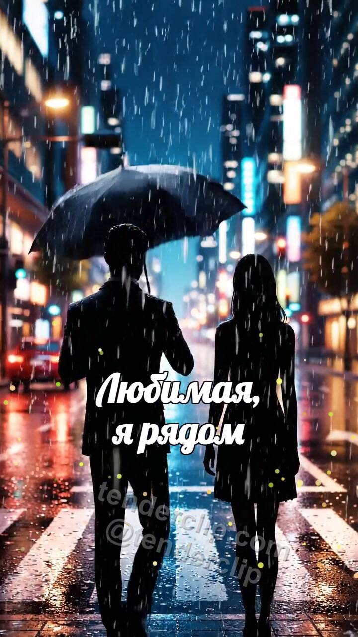 Анимационная открытка на тему Любимая, я рядом: мужчина закрывает женщину от дождя