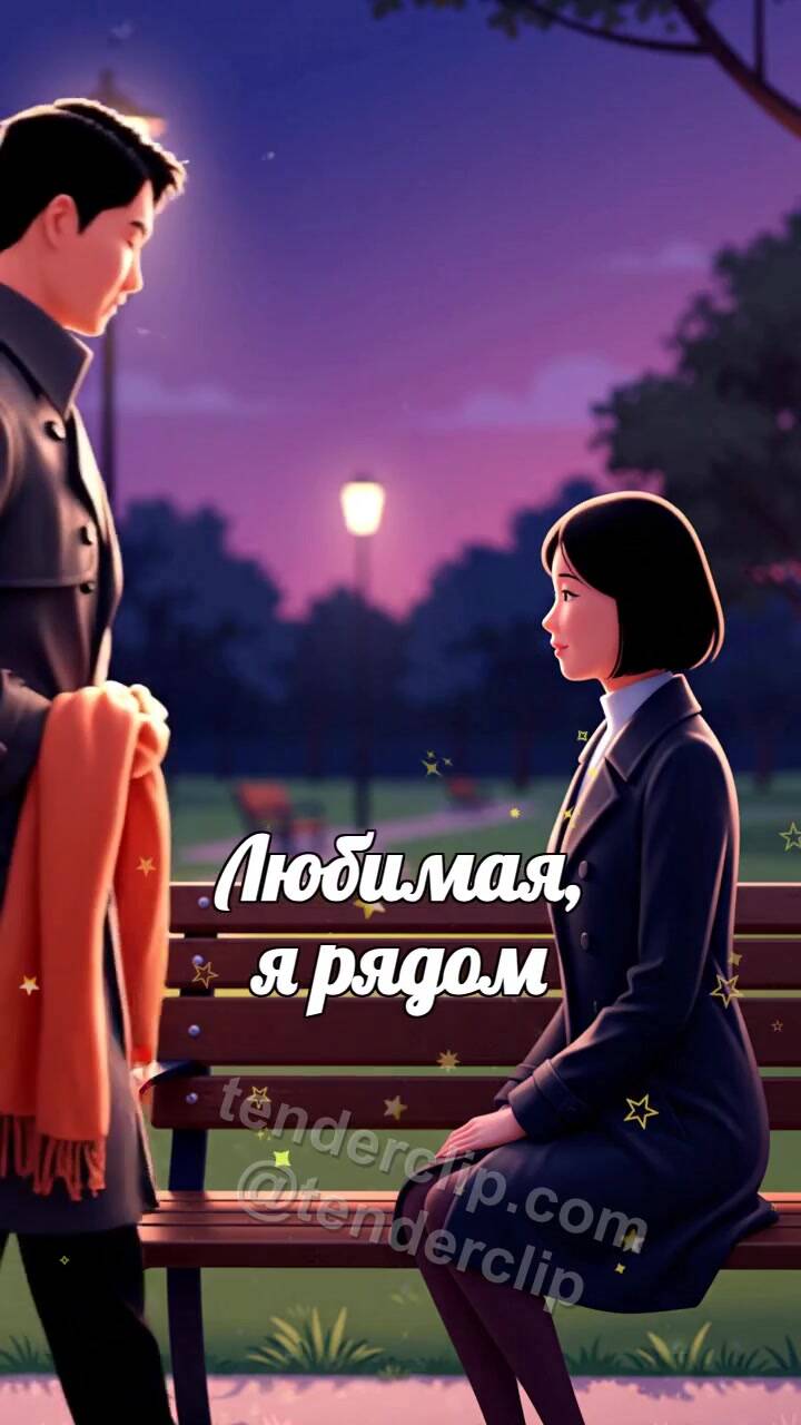 Анимационная открытка на тему Любимая, я рядом: мужчина укрывает плечи шарфом