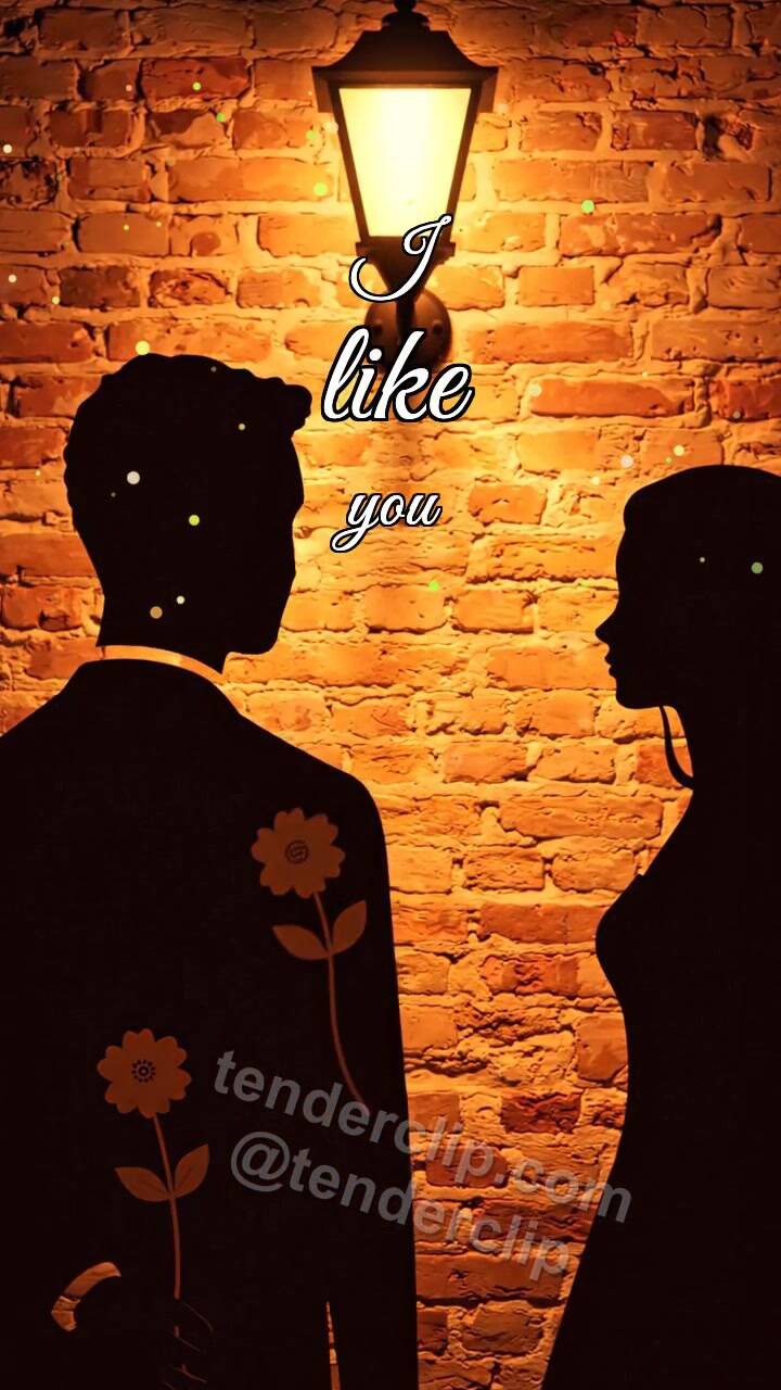 Animated greeting card about I like you: a man shadow gives a flower to a woman