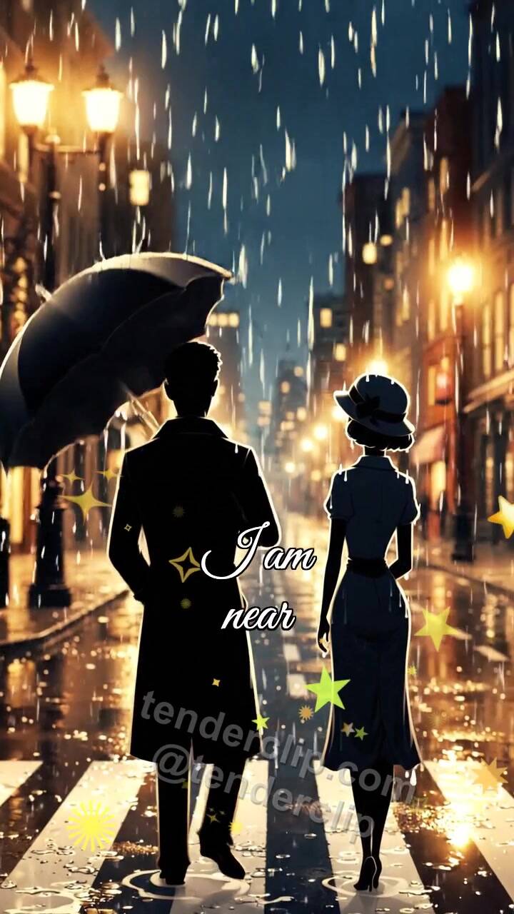Animated greeting card about I am near: man shields a woman from rain