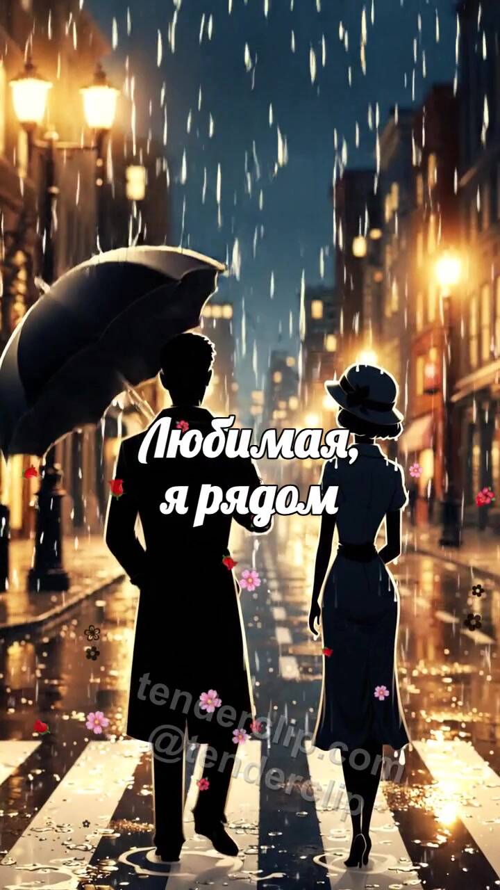 Анимационная открытка на тему Любимая, я рядом: мужчина закрывает женщину от дождя