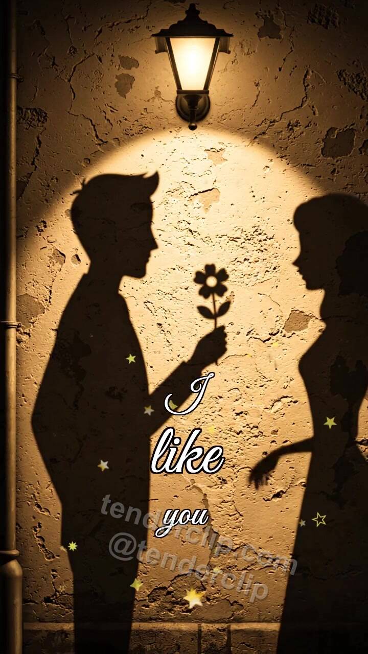 Animated greeting card about I like you: a man shadow gives a flower to a woman