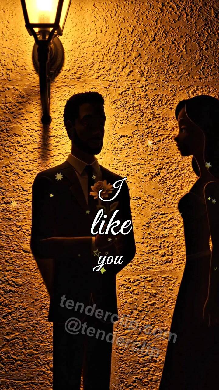 Animated greeting card about I like you: a man shadow gives a flower to a woman