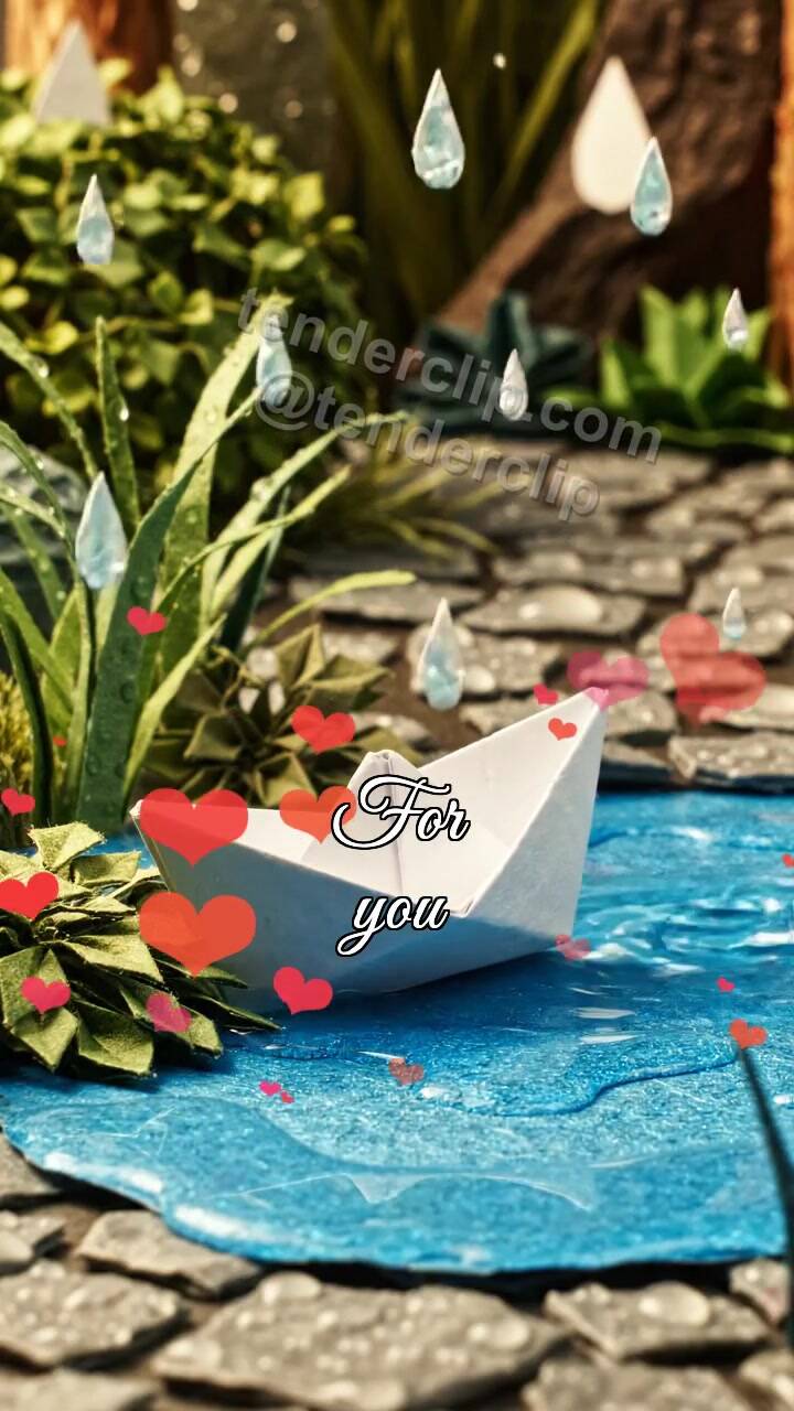 Animated greeting card about For you: little boat crosses a puddle