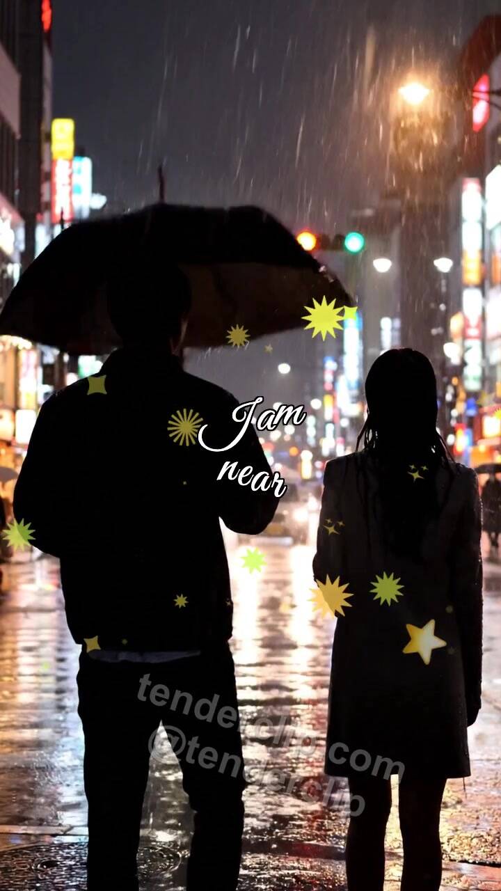 Animated greeting card about I am near: man shields a woman from rain