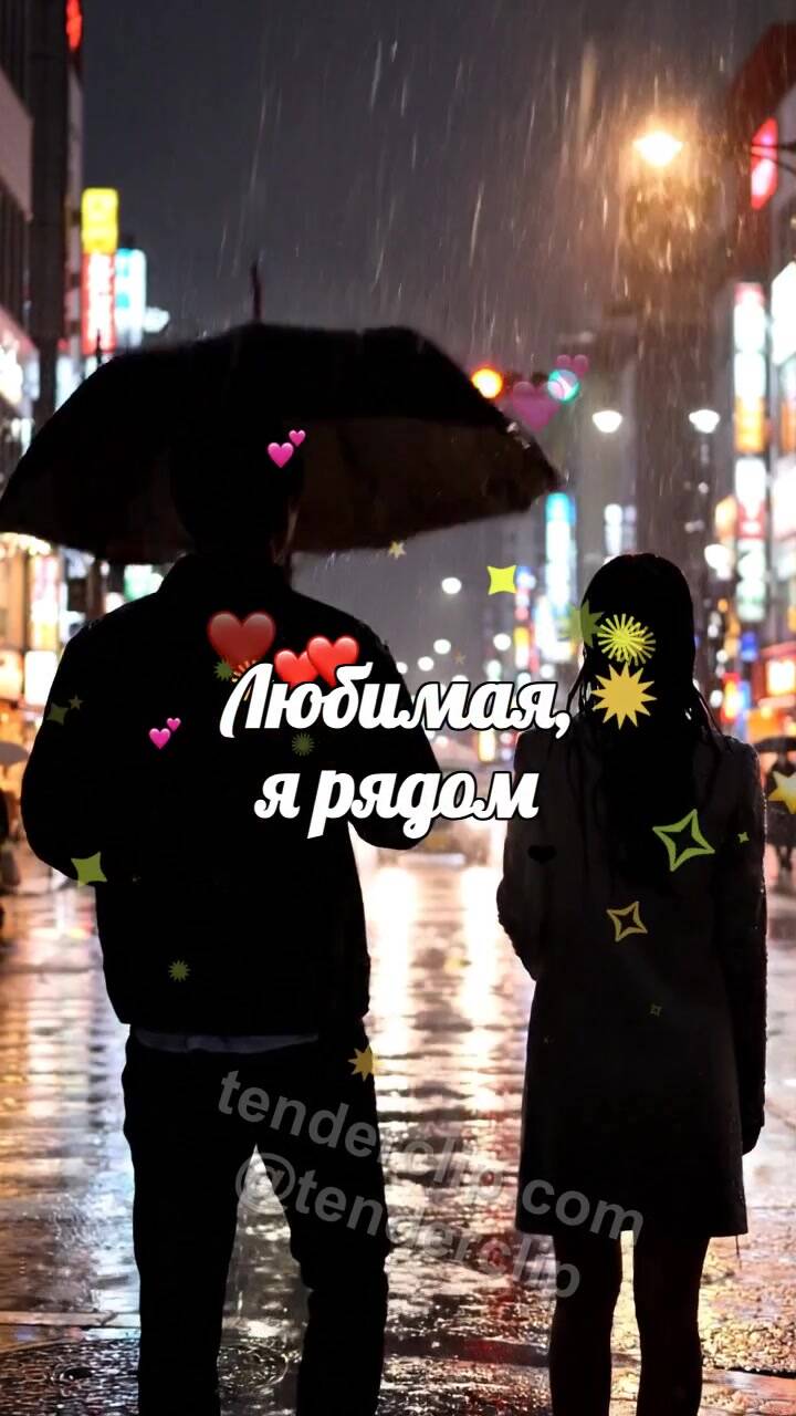 Анимационная открытка на тему Любимая, я рядом: мужчина закрывает женщину от дождя