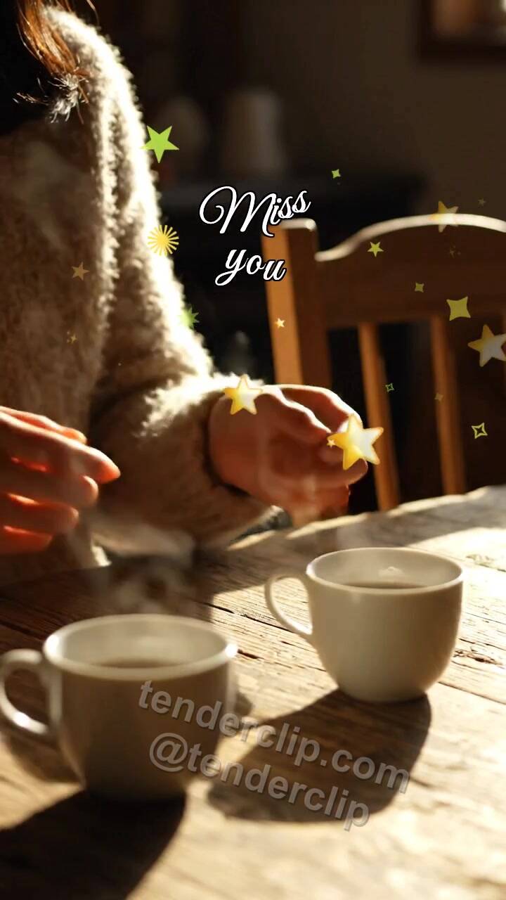 Animated greeting card about Miss you: second cup waits on the table