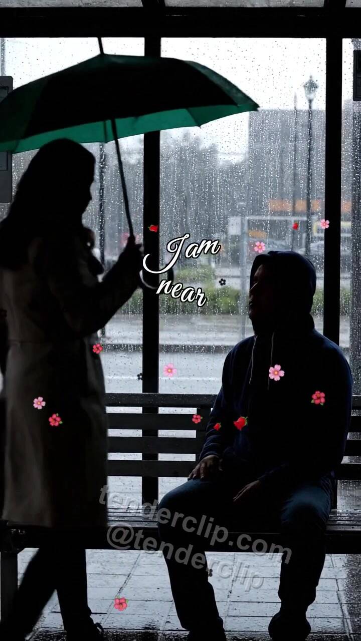 Animated greeting card about I am near: woman shields a man from rain