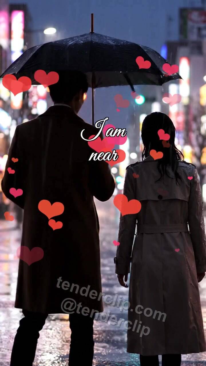 Animated greeting card about I am near: man shields a woman from rain